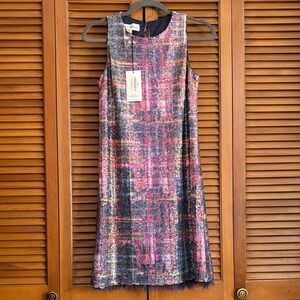 Sara Campbell Pink, Navy and Gold Tweed Shift Mini Dress